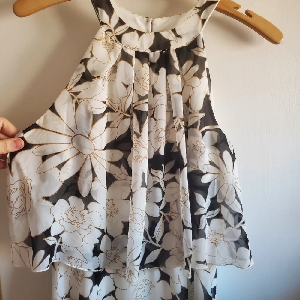Stella & Julie Black And White Floral Midi  Dress Ruffled Top Size 6 Cocktail
